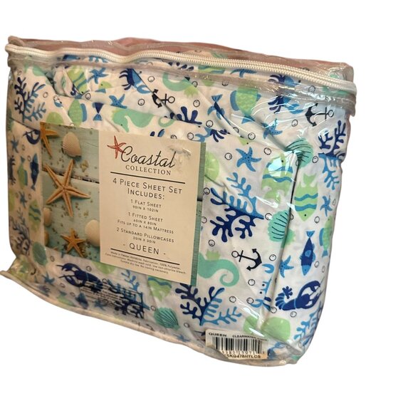 Coastal Collection Ocean Sea Nautical Print Sheet Set Queen Four Piece NIP NEW - Picture 4 of 8